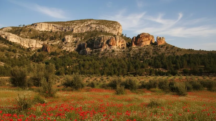 Campo de amapolas frente a formaciones rocosas y monte
