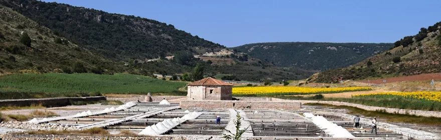 Antiguas balsas de evaporación con edificio de piedra en un valle agrícola.