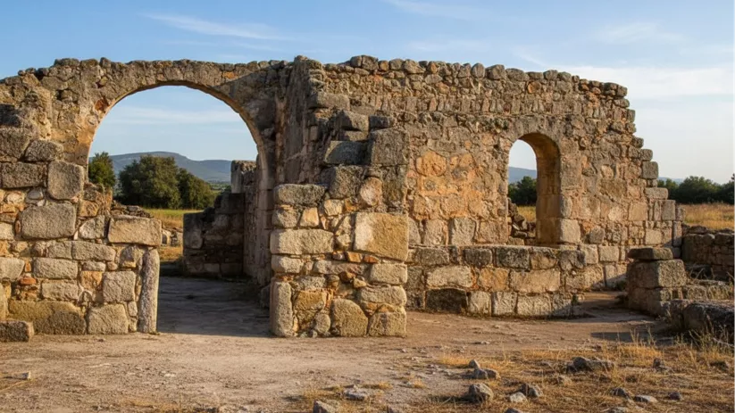 Ruinas de piedra con gran arco y puerta lateral.