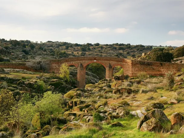Vista aérea de una iglesia de ladrillo con una torre campanario alta y aguja metálica, rodeada de casas con tejados de tejas.