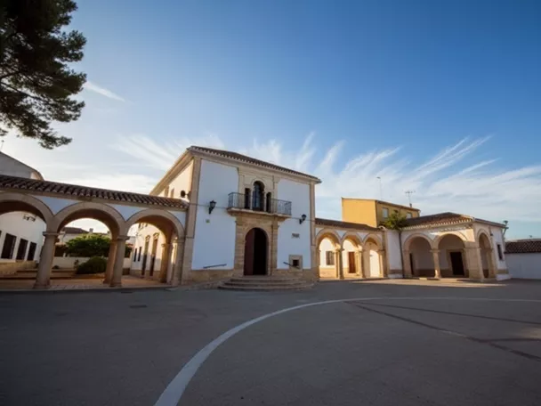 Patio amplio con arquerías y edificio blanco, iluminado por luz de atardecer.