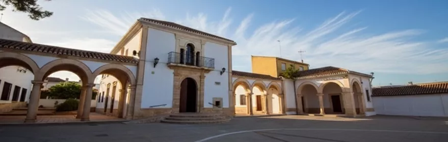 Patio amplio con arquerías y edificio blanco, iluminado por luz de atardecer.