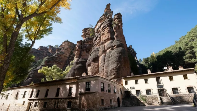 Edificio religioso al pie de altos farallones rojizos.