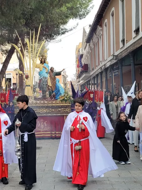 Procesión con niños y adultos portando palmas en la calle