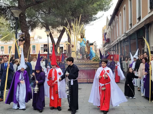 Procesión con niños y adultos portando palmas en la calle