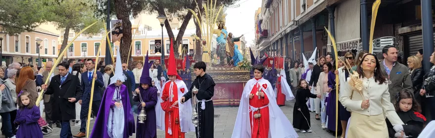 Procesión con niños y adultos portando palmas en la calle