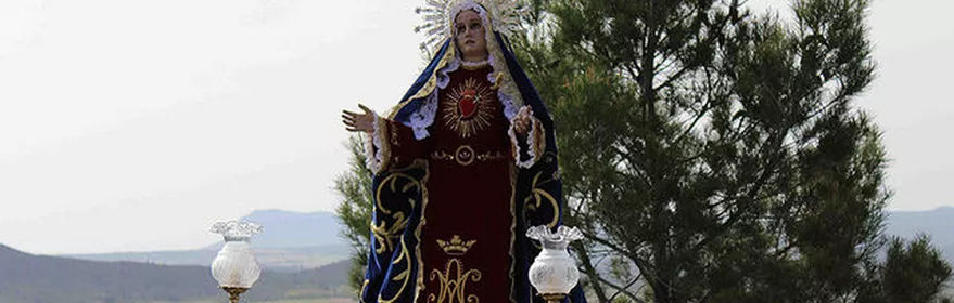 Paso procesional con imagen femenina coronada avanzando por un entorno rural.