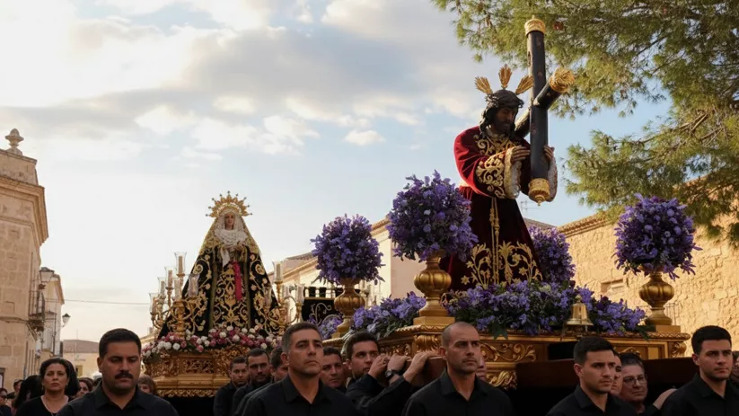 Paso procesional al atardecer con imagen de Jesús cargando la cruz y acompañantes.