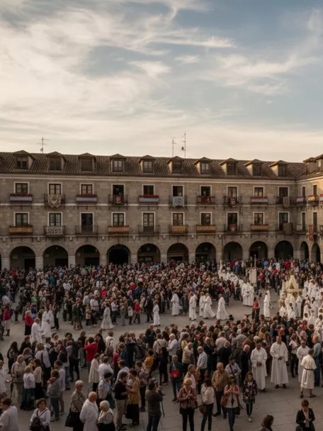 Plaza histórica llena de público durante procesión con participantes vestidos de blanco.