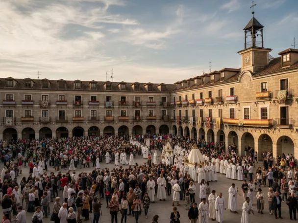 Plaza histórica llena de público durante procesión con participantes vestidos de blanco.