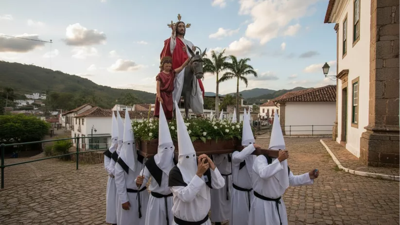 Procesión con nazarenos de blanco llevando imagen religiosa en andas por calle empedrada.