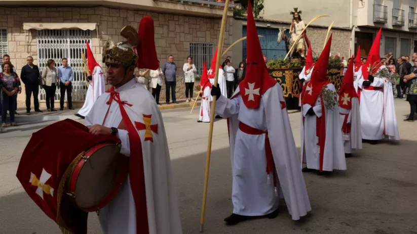 Penitentes con túnicas blancas y capirotes rojos acompañando un paso religioso.