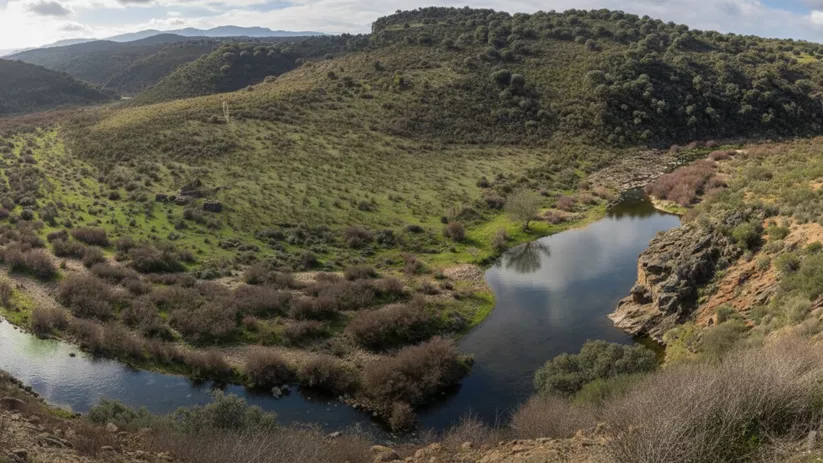 Río entre colinas y matorral