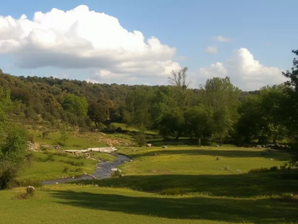 Paisaje de un campo verde en un valle, con un arroyo que lo atraviesa y colinas cubiertas de árboles bajo un cielo parcialmente nublado.