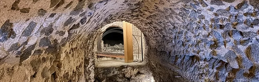 Galería subterránea de piedra con pasarela y luces, vista hacia un túnel.