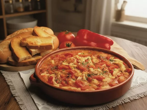 Guiso de tomate con pan tostado