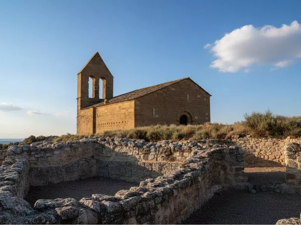 Una pequeña ermita de piedra con una espadaña sencilla sobre una colina, vista desde el interior de unas ruinas arqueológicas de muros bajos en primer plano.