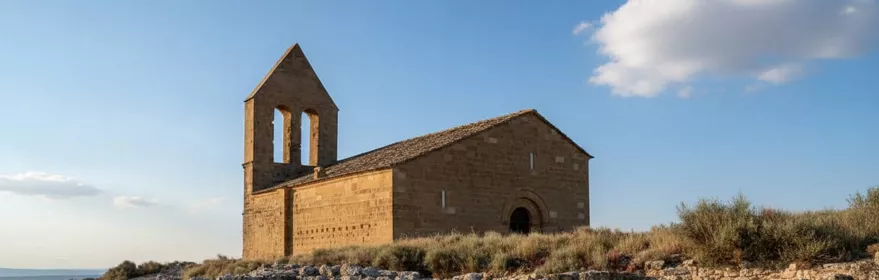 Una pequeña ermita de piedra con una espadaña sencilla sobre una colina, vista desde el interior de unas ruinas arqueológicas de muros bajos en primer plano.