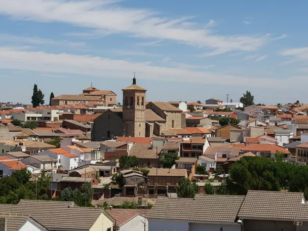 Vista panorámica del casco urbano con tejados y campos abiertos