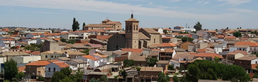 Vista panorámica del casco urbano con tejados y campos abiertos