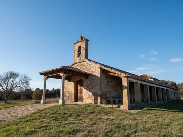 Una ermita rural de piedra con un largo soportal lateral sostenido por columnas, situada en un campo abierto bajo un cielo azul.