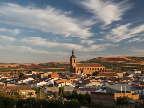 Vista panorámica de un casco urbano con iglesia y campos al fondo
