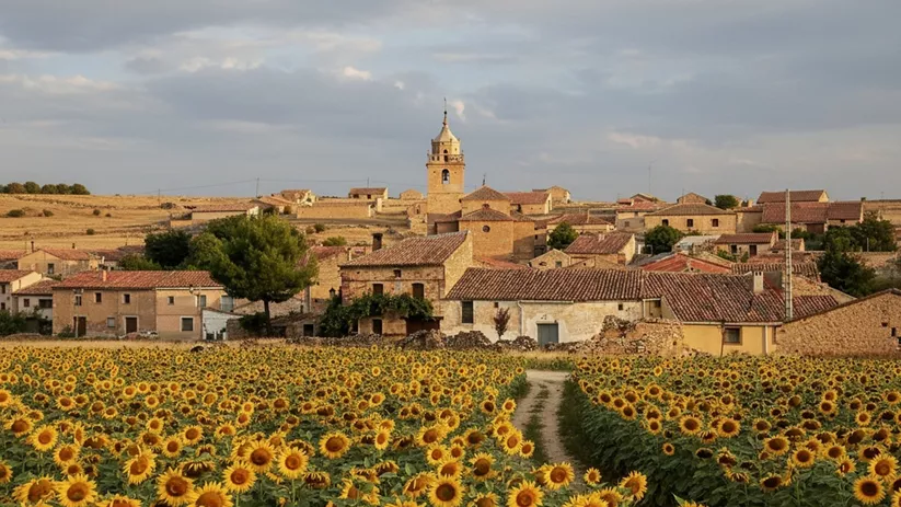 Panorámica del pueblo con campo de girasoles en primer plano