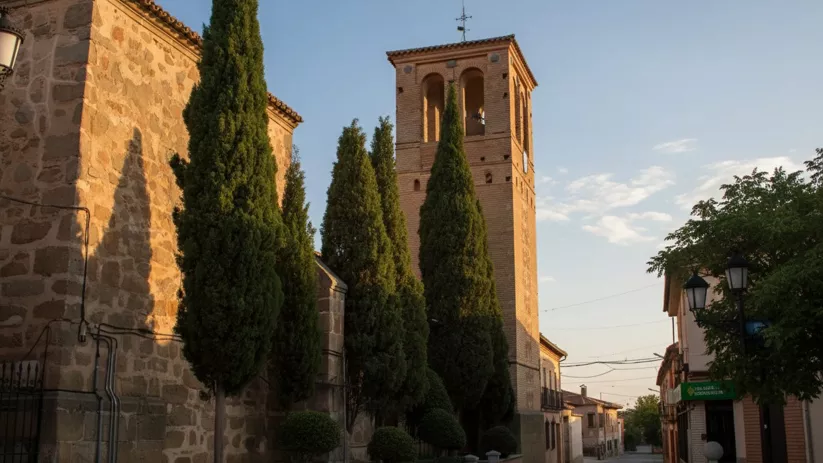 Vista de una calle de pueblo con una torre de ladrillo al fondo, cipreses altos y fachadas de piedra bajo la luz del atardecer.
