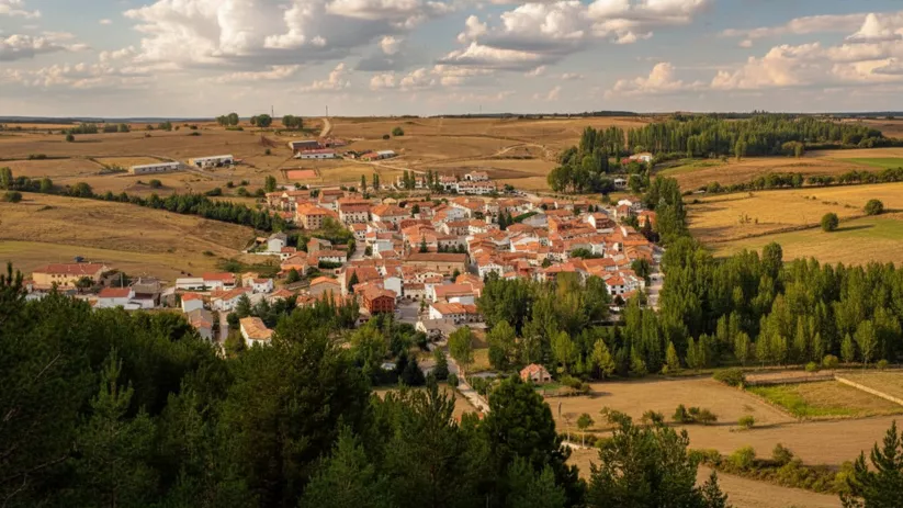 Vista aérea de núcleo rural entre campos y arbolado