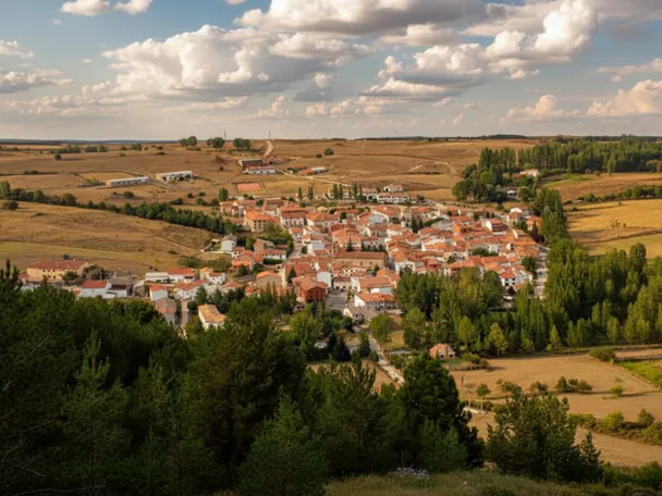 Vista aérea de núcleo rural entre campos y arbolado