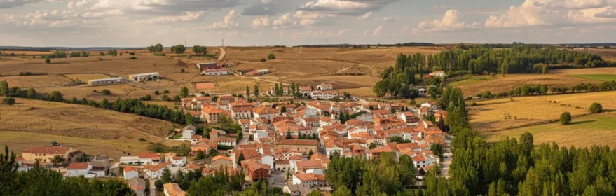 Vista aérea de núcleo rural entre campos y arbolado