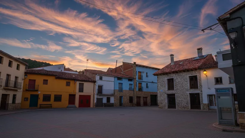 Plaza empedrada con casas tradicionales al atardecer
