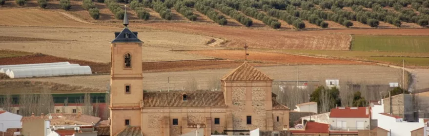 Vista panorámica de núcleo urbano con iglesia y campos de cultivo al fondo