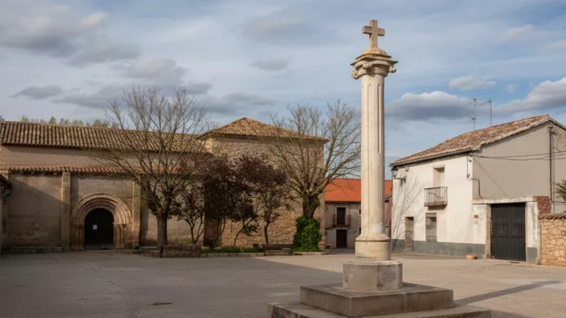 Plaza del pueblo con monumento con una cruz