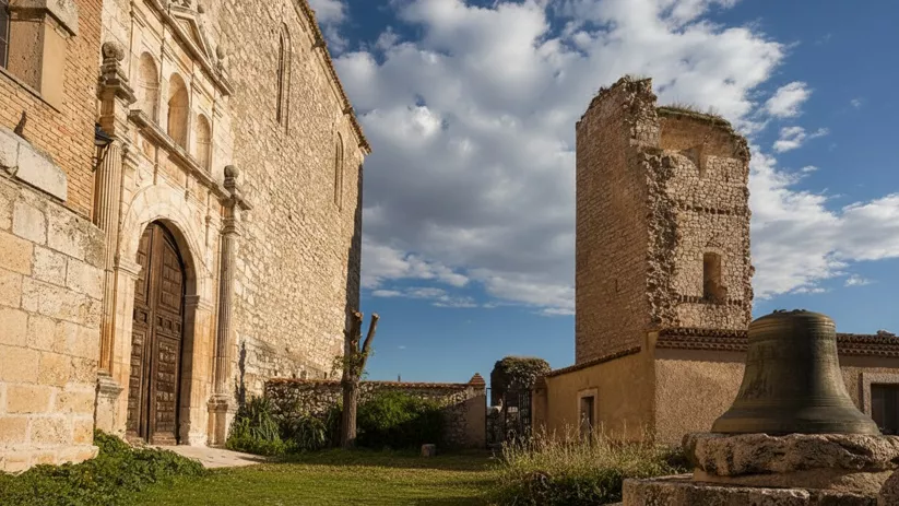 Iglesia junto a estructura defensiva en piedra