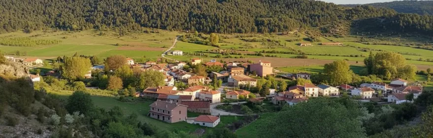 Vista aérea de un pequeño pueblo rodeado de campos y montes verdes