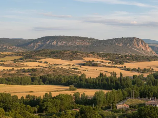 Panorámica del valle con mosaico de campos y montañas