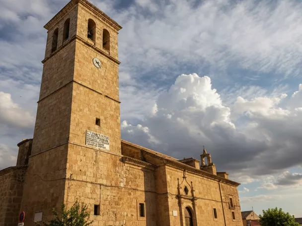 Iglesia de piedra con torre y cielo nuboso al atardecer