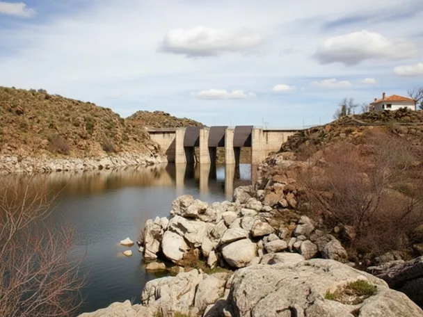 Una vista de un embalse con un fondo rocoso de colinas y una presa de concreto con cuatro compuertas, bajo un cielo azul con nubes dispersas, con un pequeño edificio en la colina a la derecha.