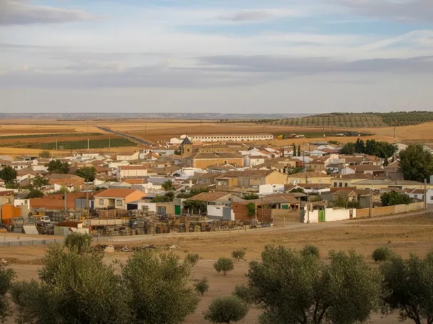 Una vista aérea de un pueblo rural con tejados de terracota y tierras de cultivo circundantes.