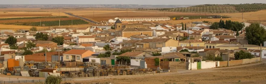Una vista aérea de un pueblo rural con tejados de terracota y tierras de cultivo circundantes.