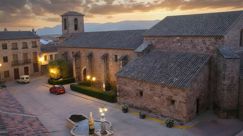 Iglesia de Villapalacios al atardecer, iluminada junto a la plaza con fuente y calles del municipio al fondo.
