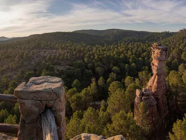 Formación rocosa vertical entre pinares y barrancos