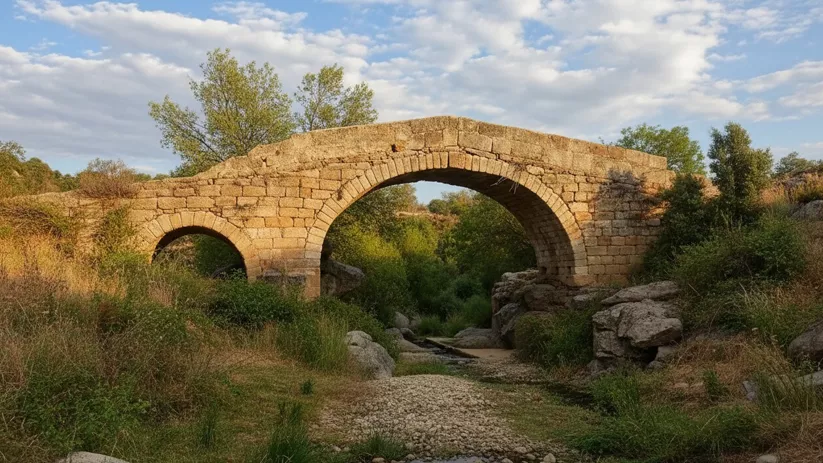 Un puente de piedra antiguo y rústico con dos arcos cruza un lecho de río seco y cubierto de vegetación bajo un cielo parcialmente nublado.