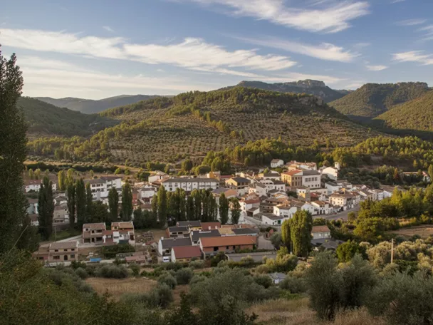 Vista panorámica de pueblo entre montes y olivares