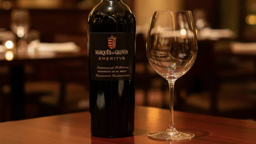 Botella de vino tinto y copa vacía en un comedor iluminado