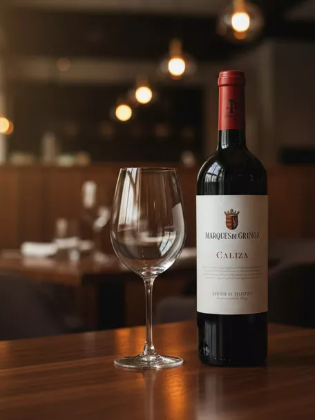 Botella de vino tinto y copa vacía sobre una mesa de madera