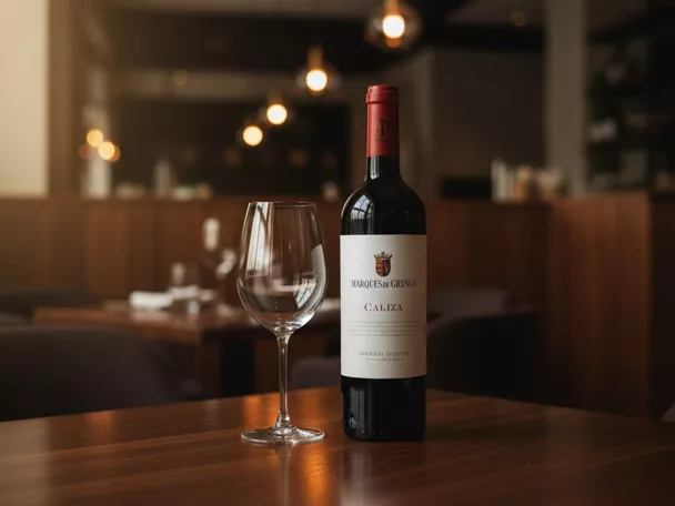 Botella de vino tinto y copa vacía sobre una mesa de madera