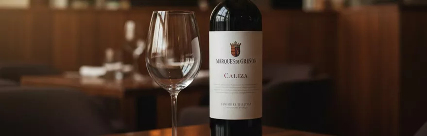 Botella de vino tinto y copa vacía sobre una mesa de madera