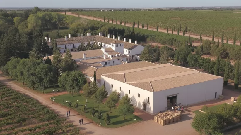 Complejo vinícola rodeado de campos de cultivo y caminos arbolados.